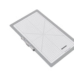 Embroidery hoop with grid lines and brand name on a white background