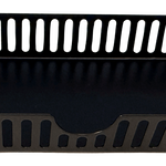 A black metal grill basket tray with integrated handles and slotted sides, shown on a plain light gray background.