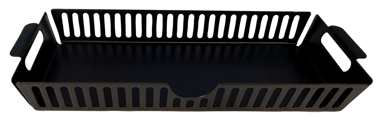 A black metal grill basket tray with integrated handles and slotted sides, shown on a plain light gray background.