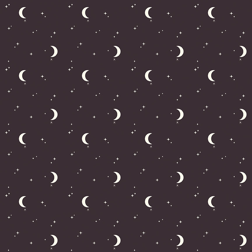 Pattern of crescent moons and stars on a dark background
