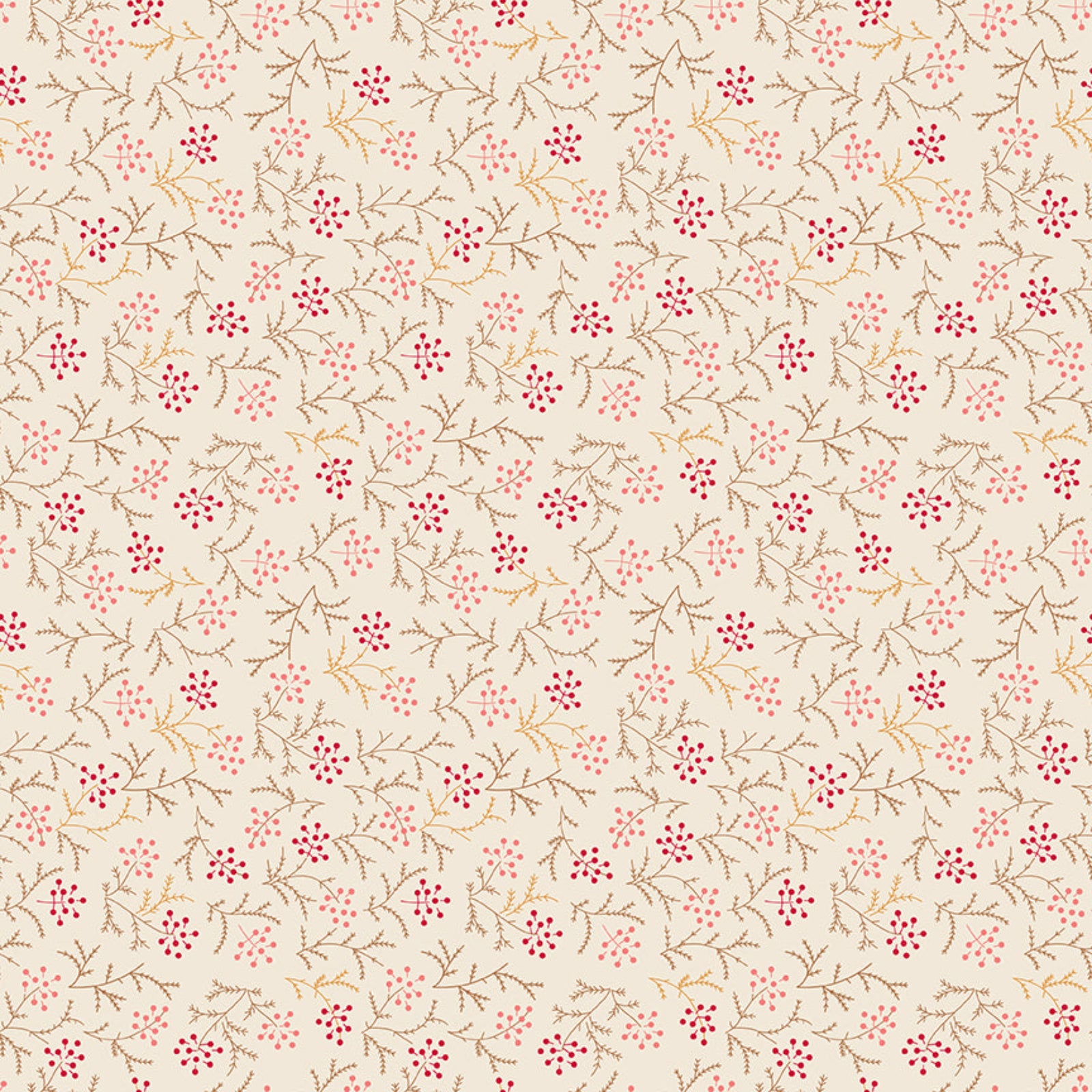 Pattern of small red flowers and green leaves on a beige background