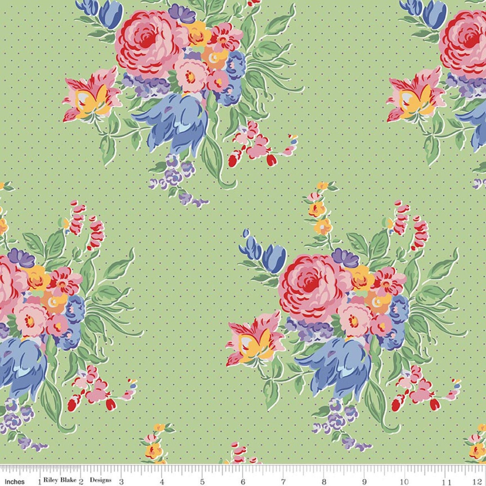 Floral pattern fabric with colorful flowers on a green background