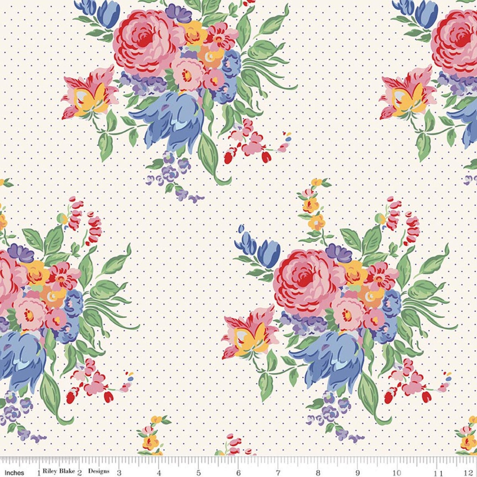 A repeating floral pattern on a warm off-white background with small light blue polka dots. The bouquet motifs include pink and red roses, blue bellflowers, yellow and orange flowers, and green leaves.