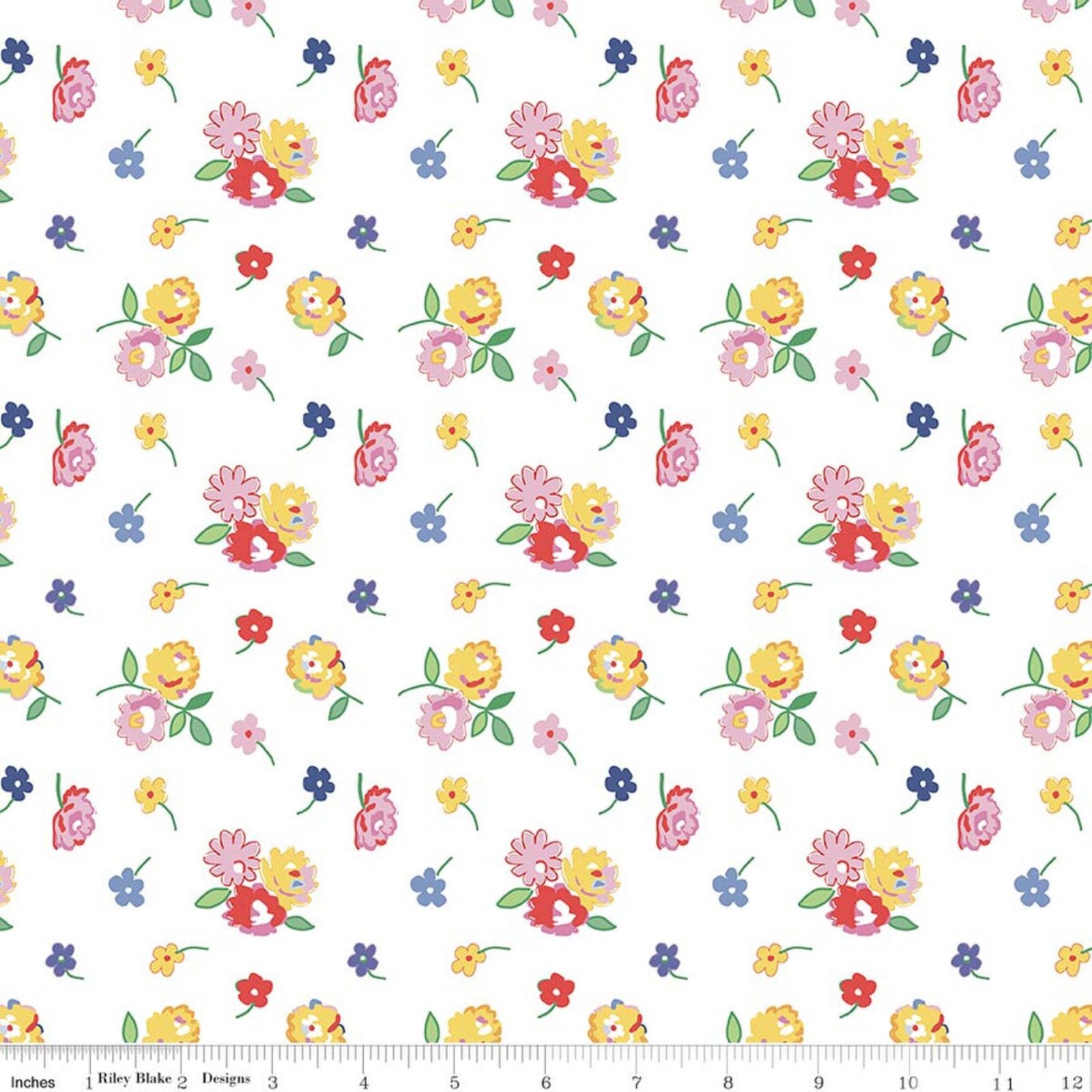 A repeating floral pattern on a white background with small pink, yellow, red, and blue flowers and green leaves. A ruler along the bottom edge shows scale and includes the text 'Riley Blake Designs'.