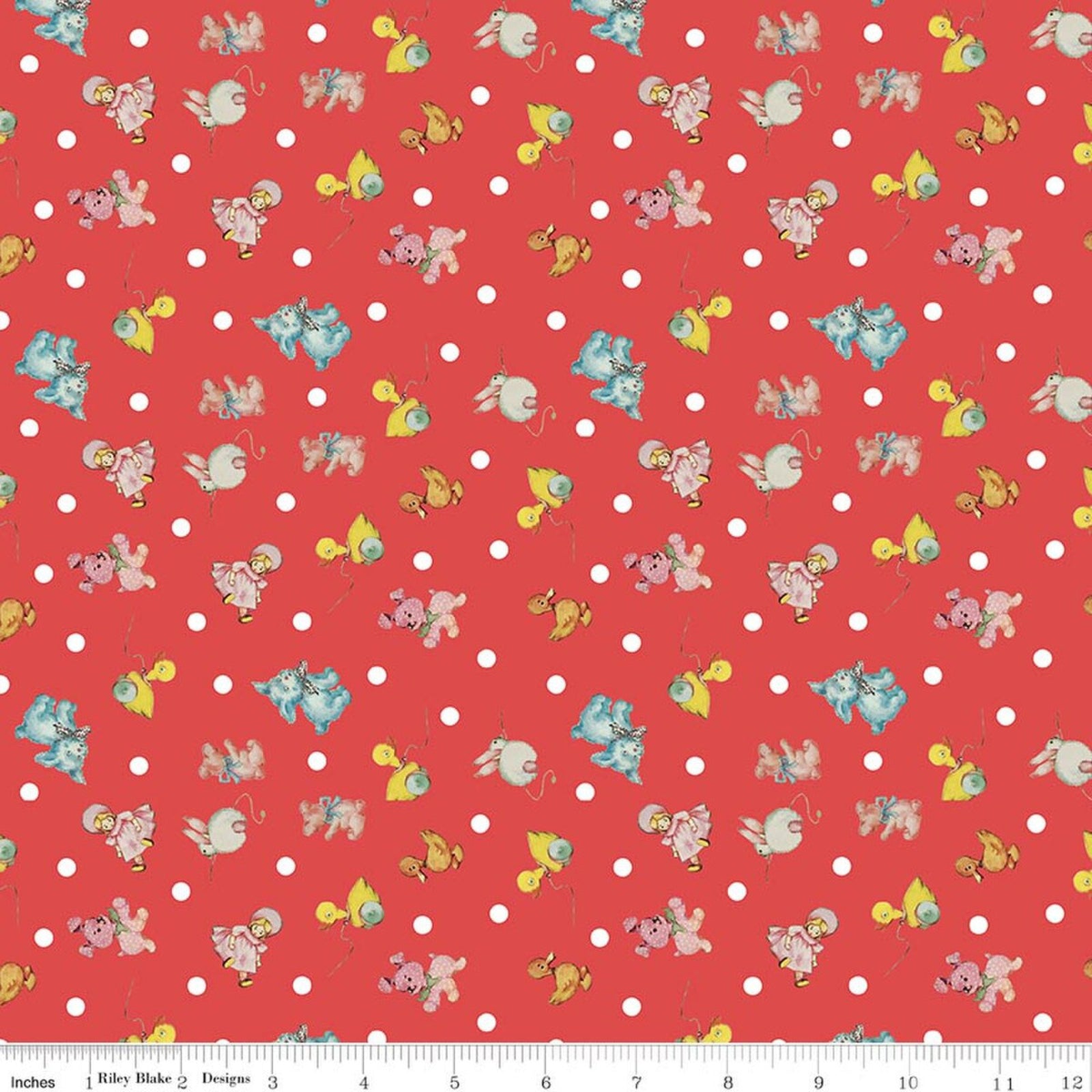 Patterned fabric with cartoon characters on a red background with white polka dots
