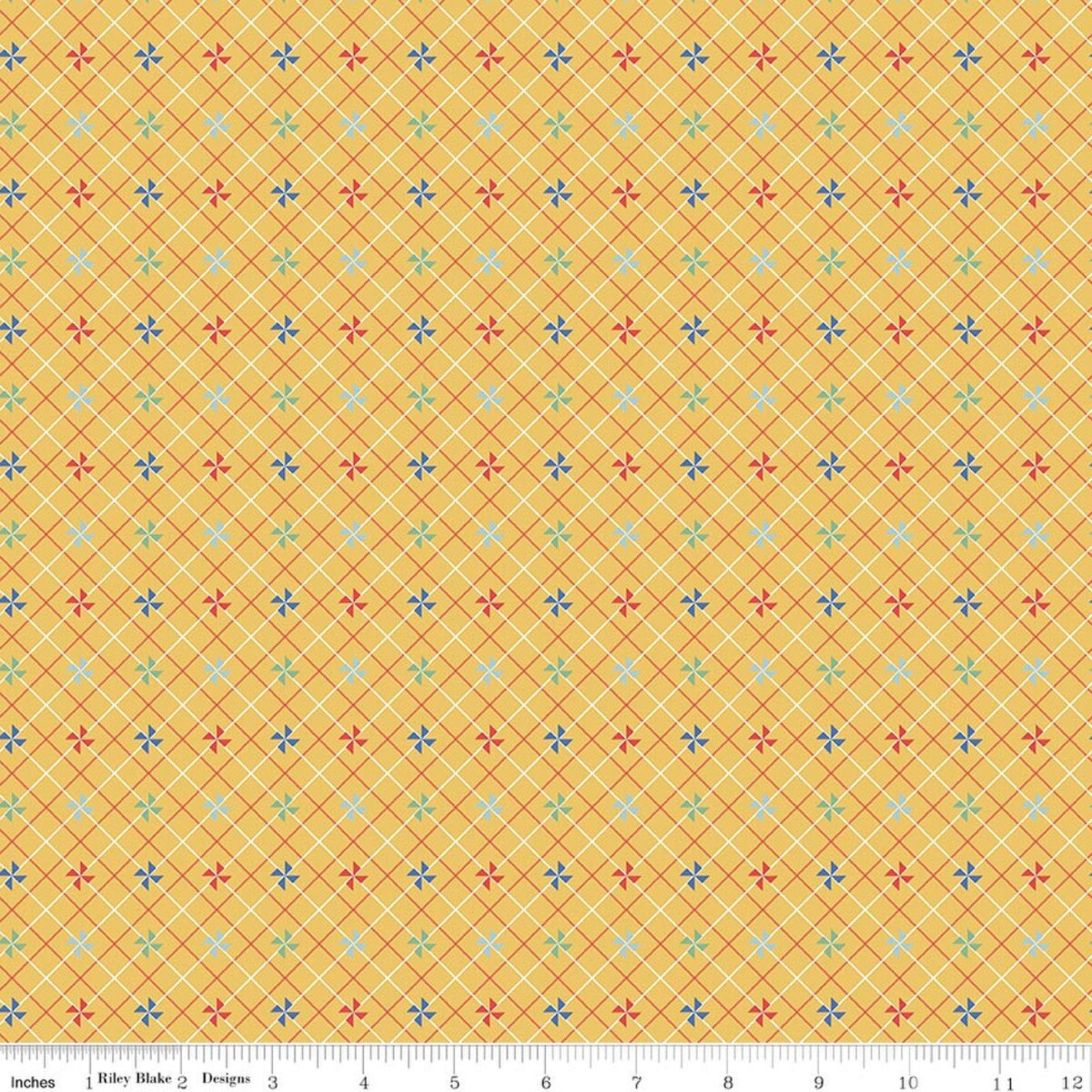 A close-up of a fabric pattern featuring a mustard yellow background with a repeating grid of small blue, red, and light blue pinwheel motifs over a subtle diagonal lattice.