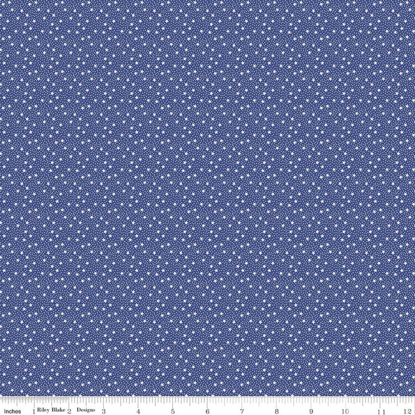 A close-up of a fabric pattern featuring a navy blue background with a dense, repeating white floral or starburst motif. A white ruler with inch markings and the text 'Inches Riley Blake Designs Boutique' is visible along the bottom edge.