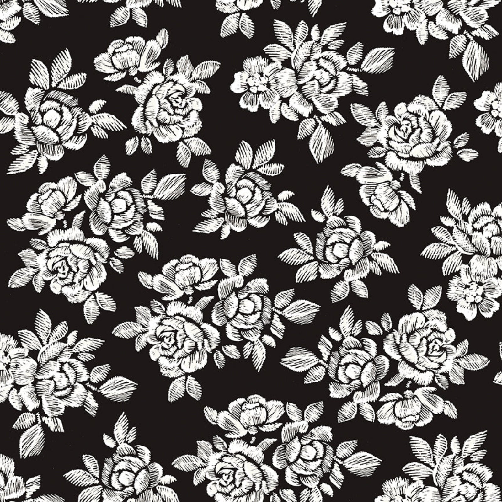 White floral pattern on a black background