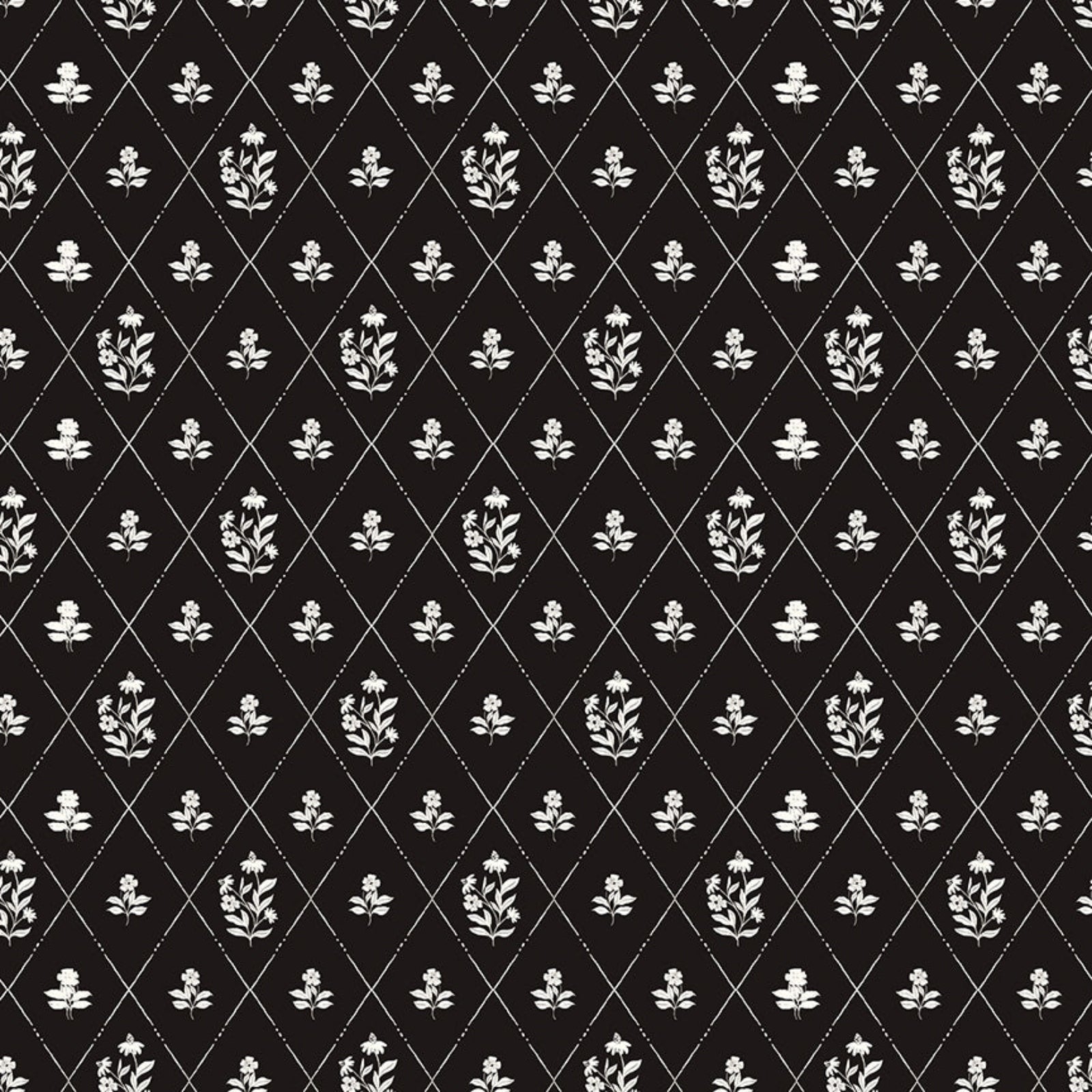 Black and white floral pattern on a black background