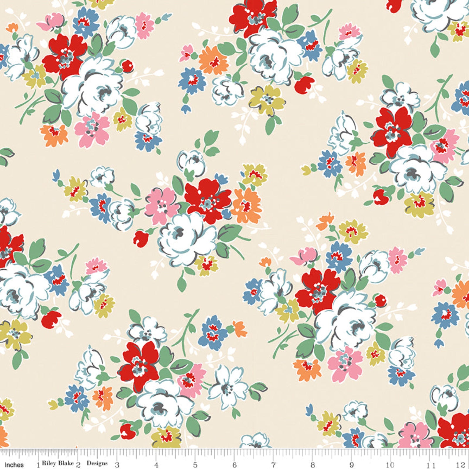 A repeating floral pattern on a warm beige background, featuring white roses and smaller multicolored blossoms in red, pink, blue, orange, and yellow, with a ruler along the bottom edge showing scale.