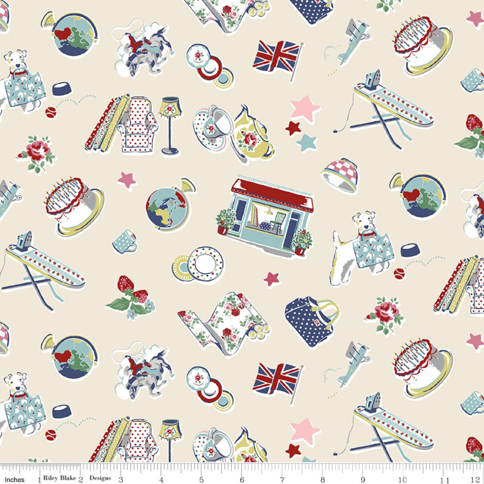 Patterned fabric with various objects and a ruler for scale on a beige background