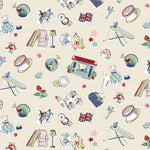Pattern of various illustrations including a house, dog, and British flag on a beige background.