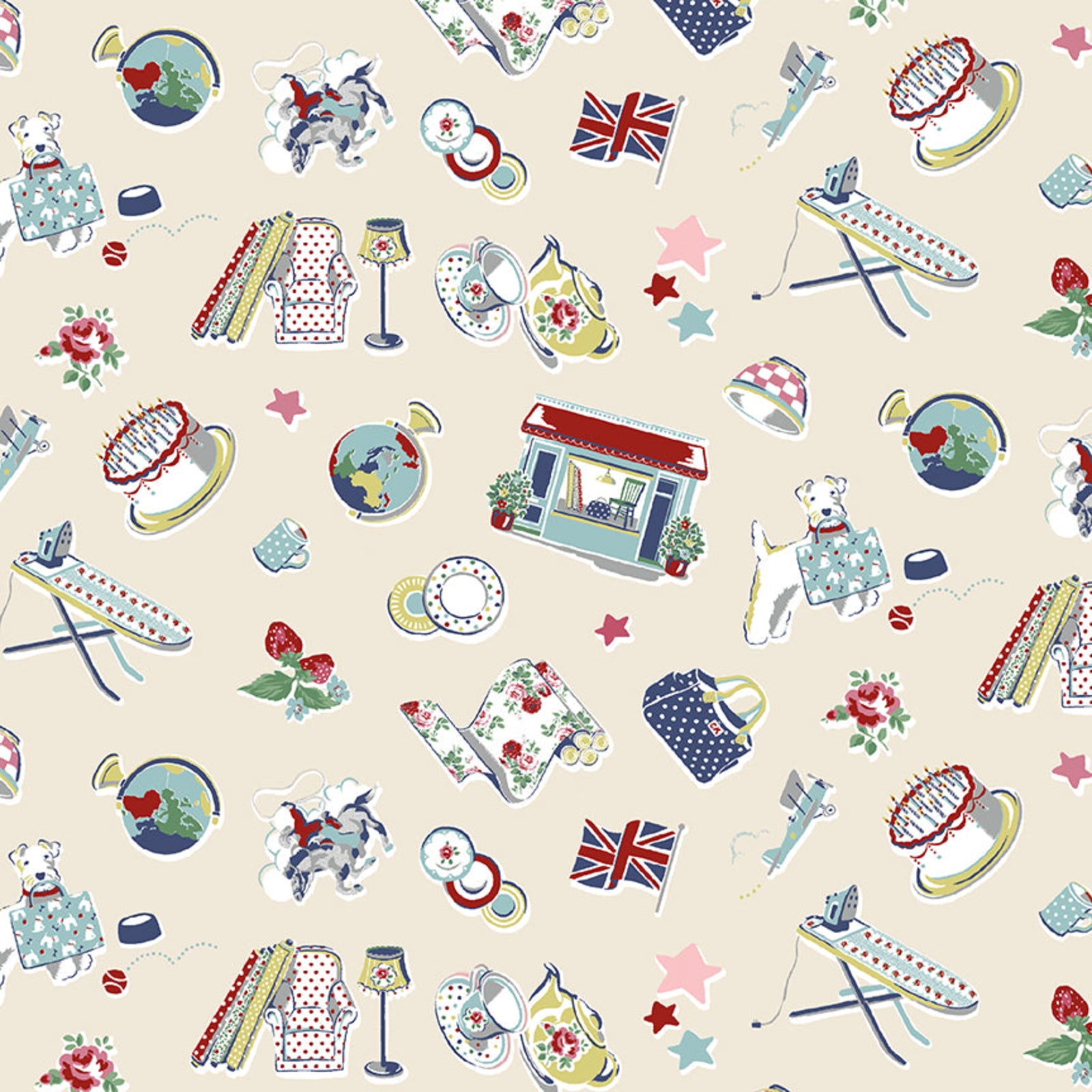 Pattern of various illustrations including a house, dog, and British flag on a beige background.