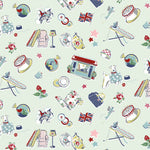 Pattern of various illustrations including a house, flags, and decorative items on a light green background.