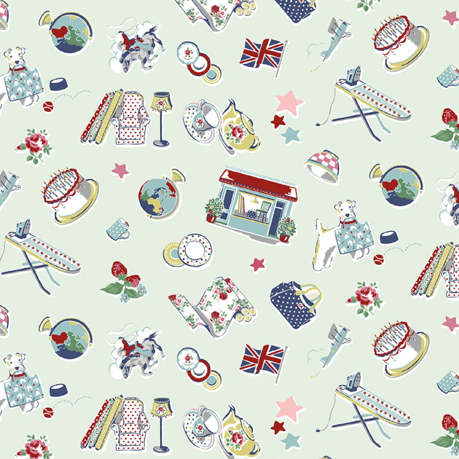 Pattern of various illustrations including a house, flags, and decorative items on a light green background.