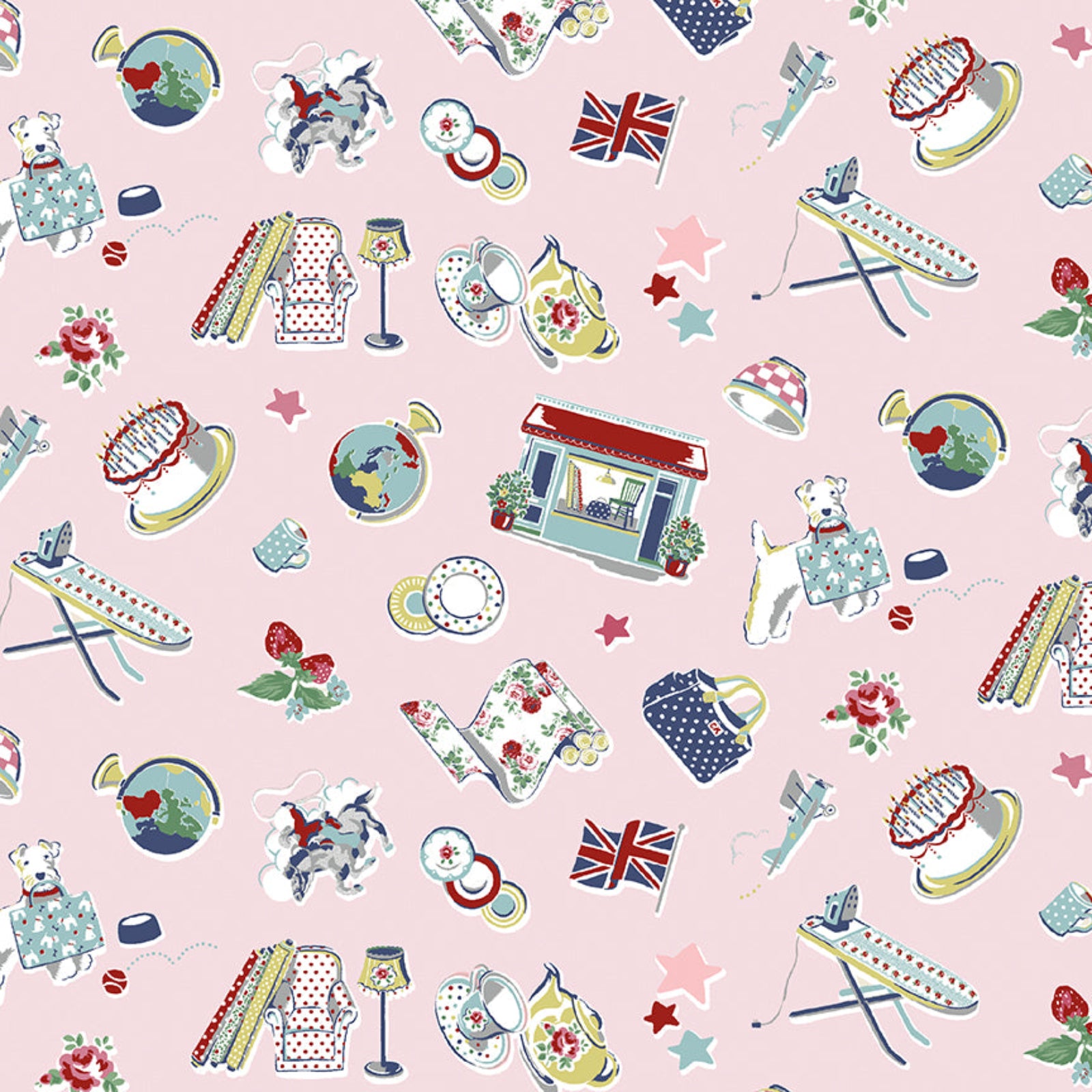 Pattern of various retro-themed illustrations on a pink background