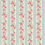 Floral pattern with pink roses and small flowers on a striped background