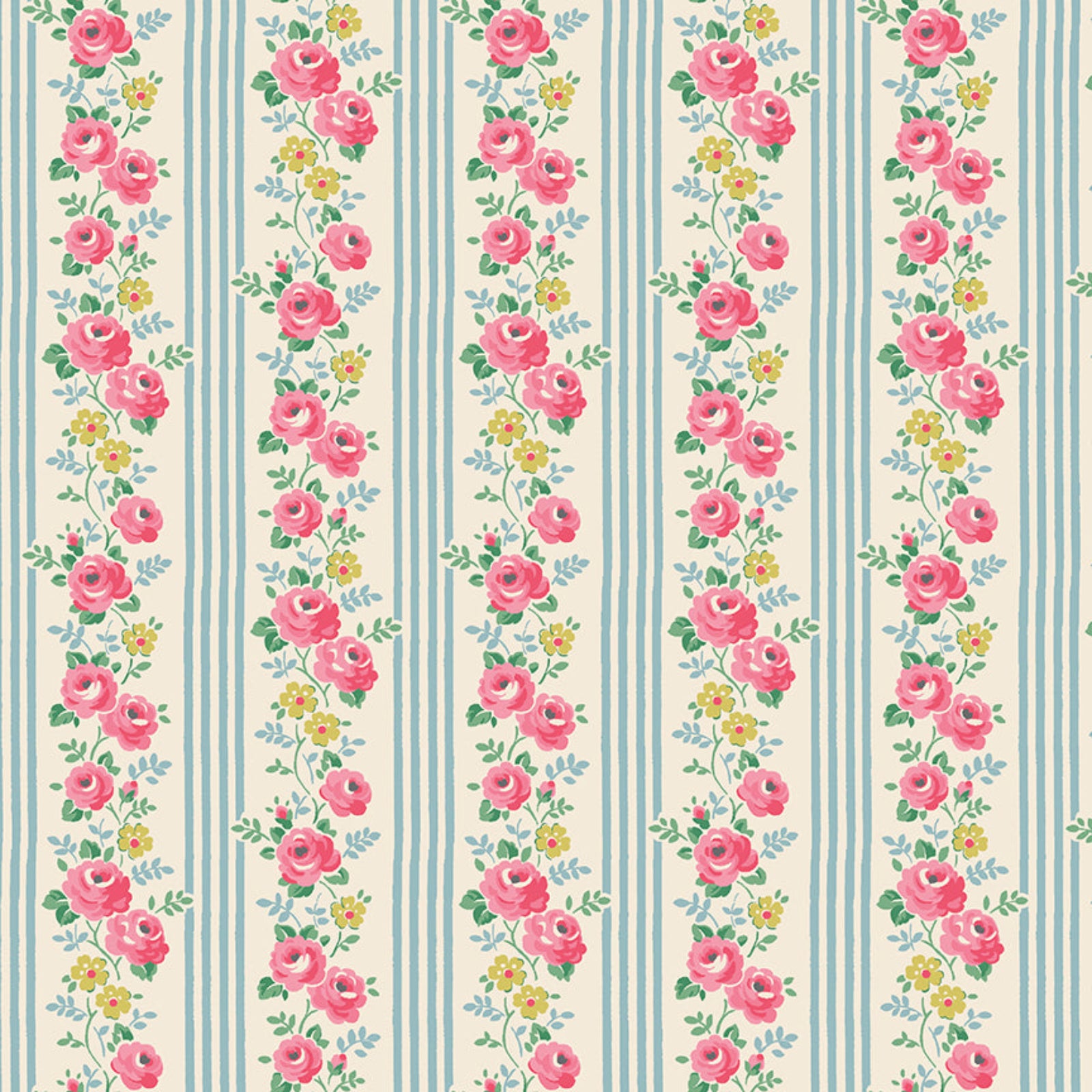 Floral pattern with pink roses and small flowers on a striped background