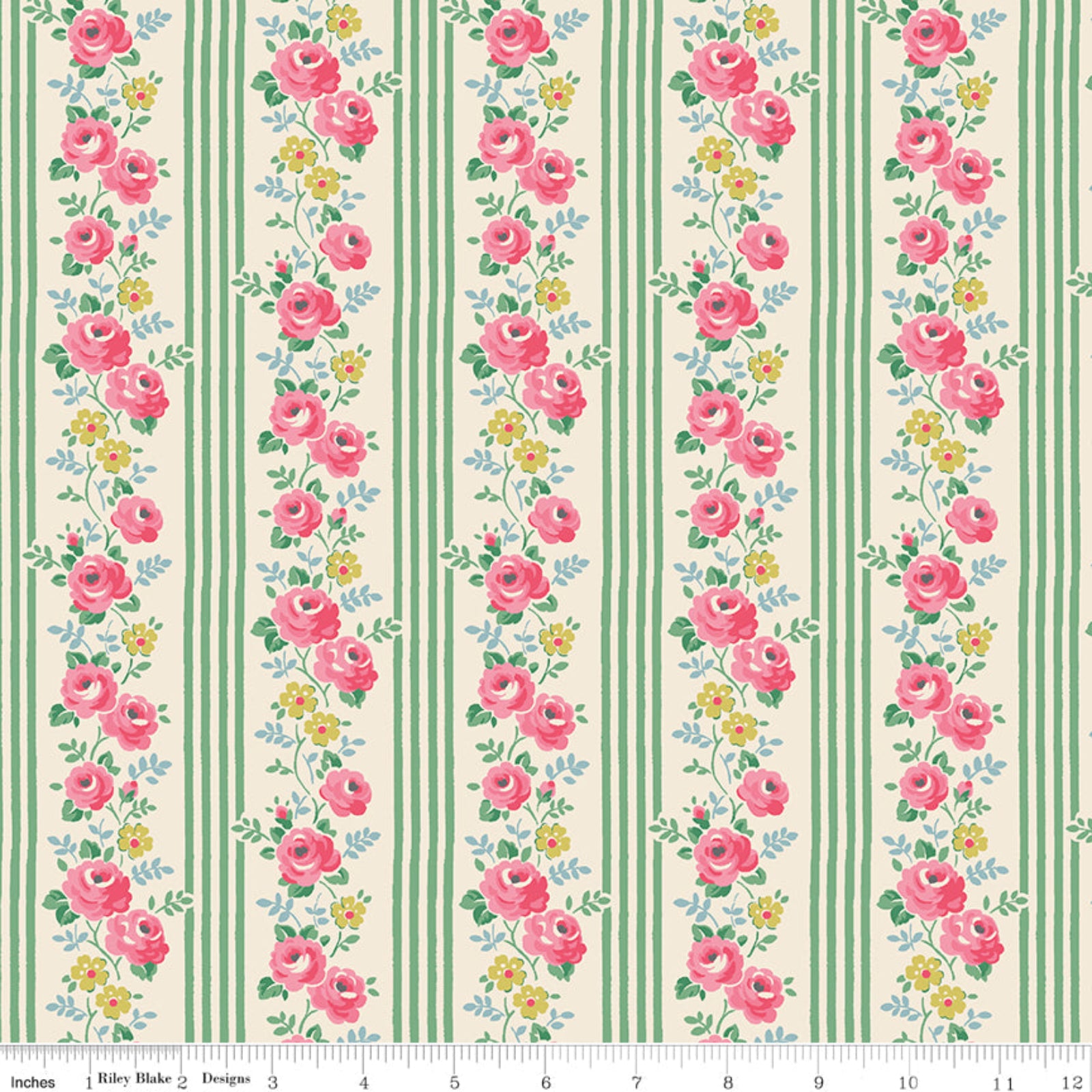 A close-up of a fabric pattern featuring vertical green stripes alternating with columns of pink roses, yellow flowers, and green leaves on a cream background. A ruler at the bottom shows the scale of the pattern.