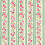 Floral pattern with pink roses and green stripes on a white background