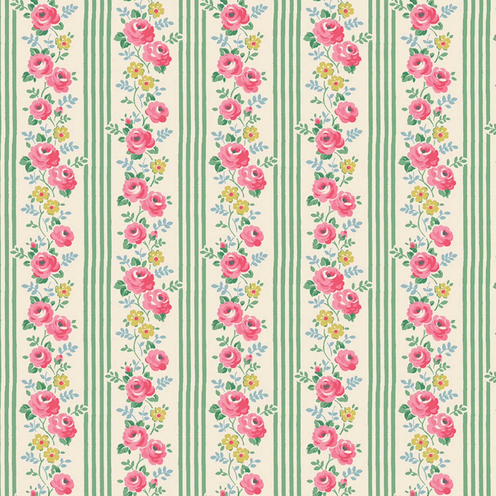 Floral pattern with pink roses and green stripes on a white background