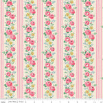 Floral pattern with pink roses and green leaves on a striped background