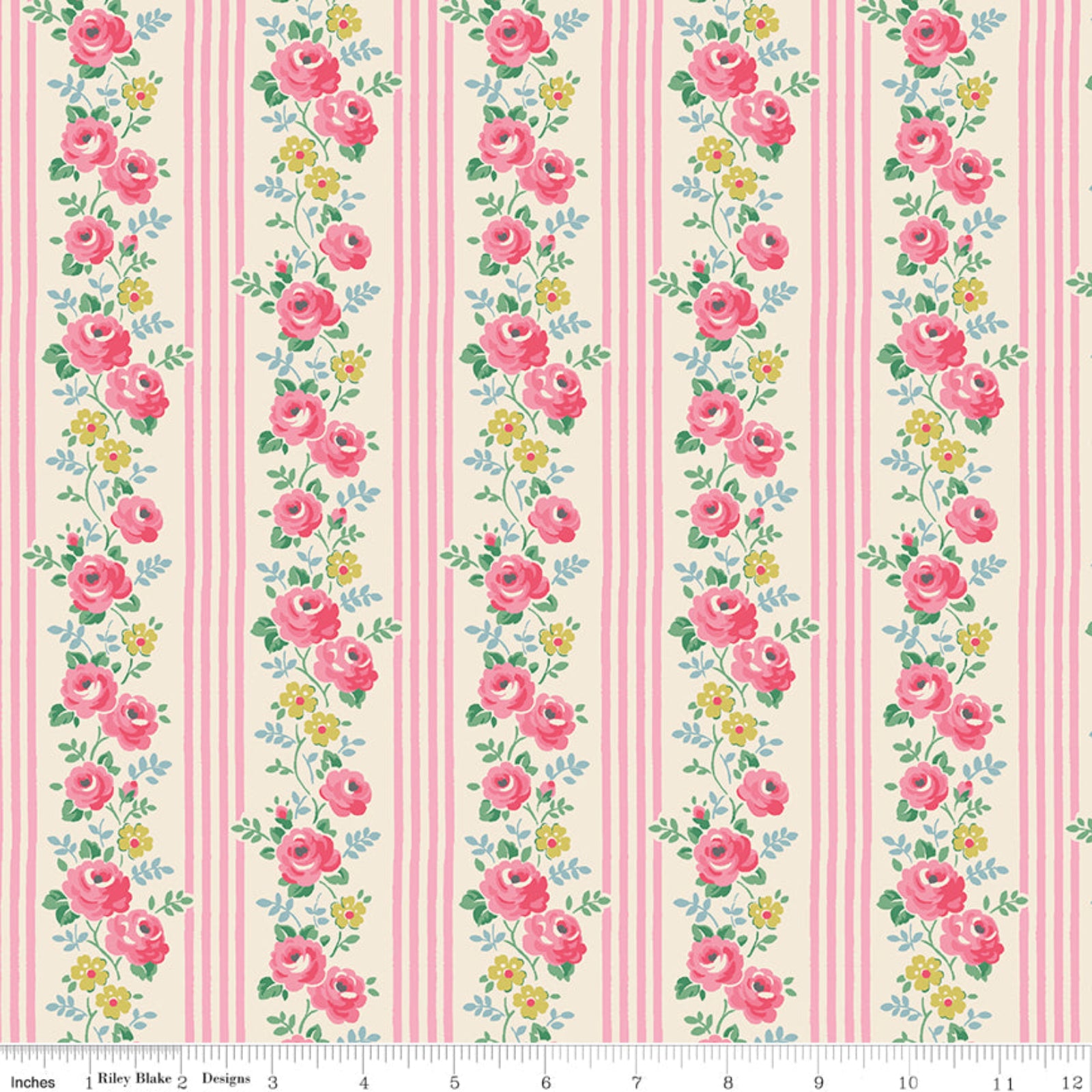 Floral pattern with pink roses and green leaves on a striped background