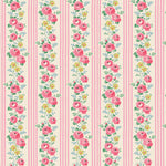 Floral pattern with pink roses and green leaves on a striped background