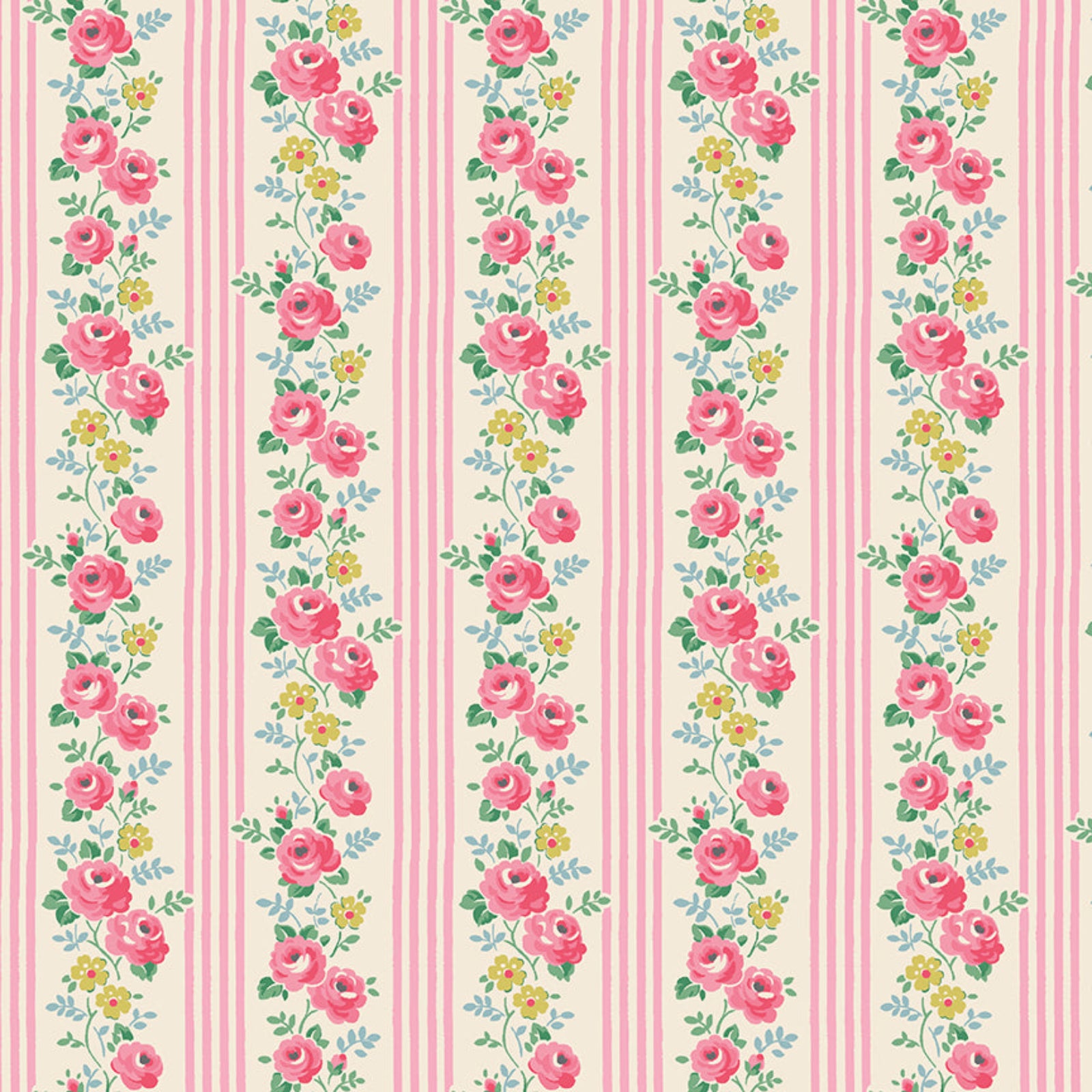 Floral pattern with pink roses and green leaves on a striped background