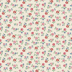 Small floral pattern with red, pink, and blue flowers on a beige background