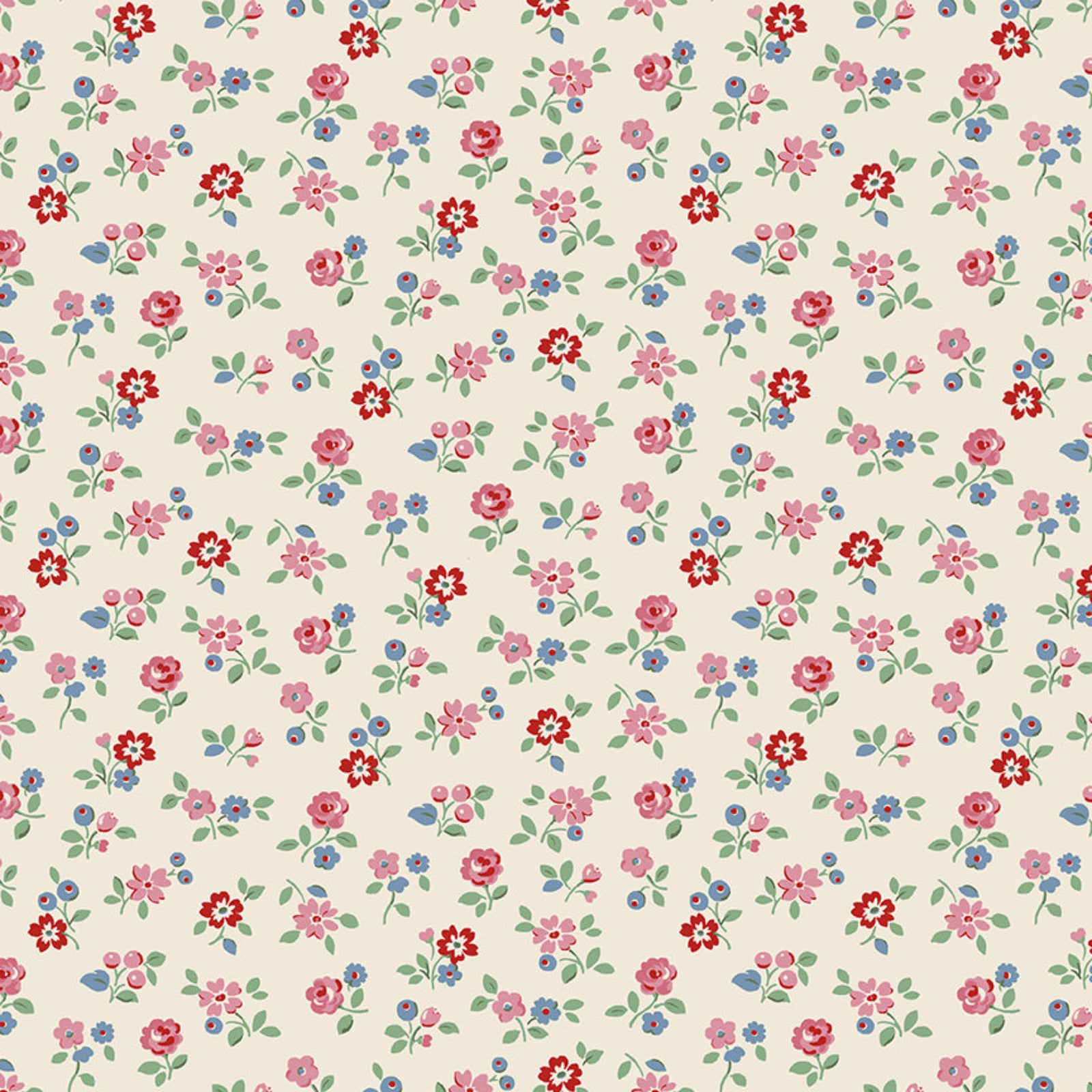 Small floral pattern with red, pink, and blue flowers on a beige background