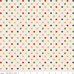 A repeating multicolor polka dot pattern on a warm cream background, with a ruler along the bottom edge showing inch measurements.