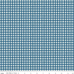 A close-up fabric pattern swatch showing a blue and white gingham check grid, with a ruler scale along the bottom edge.