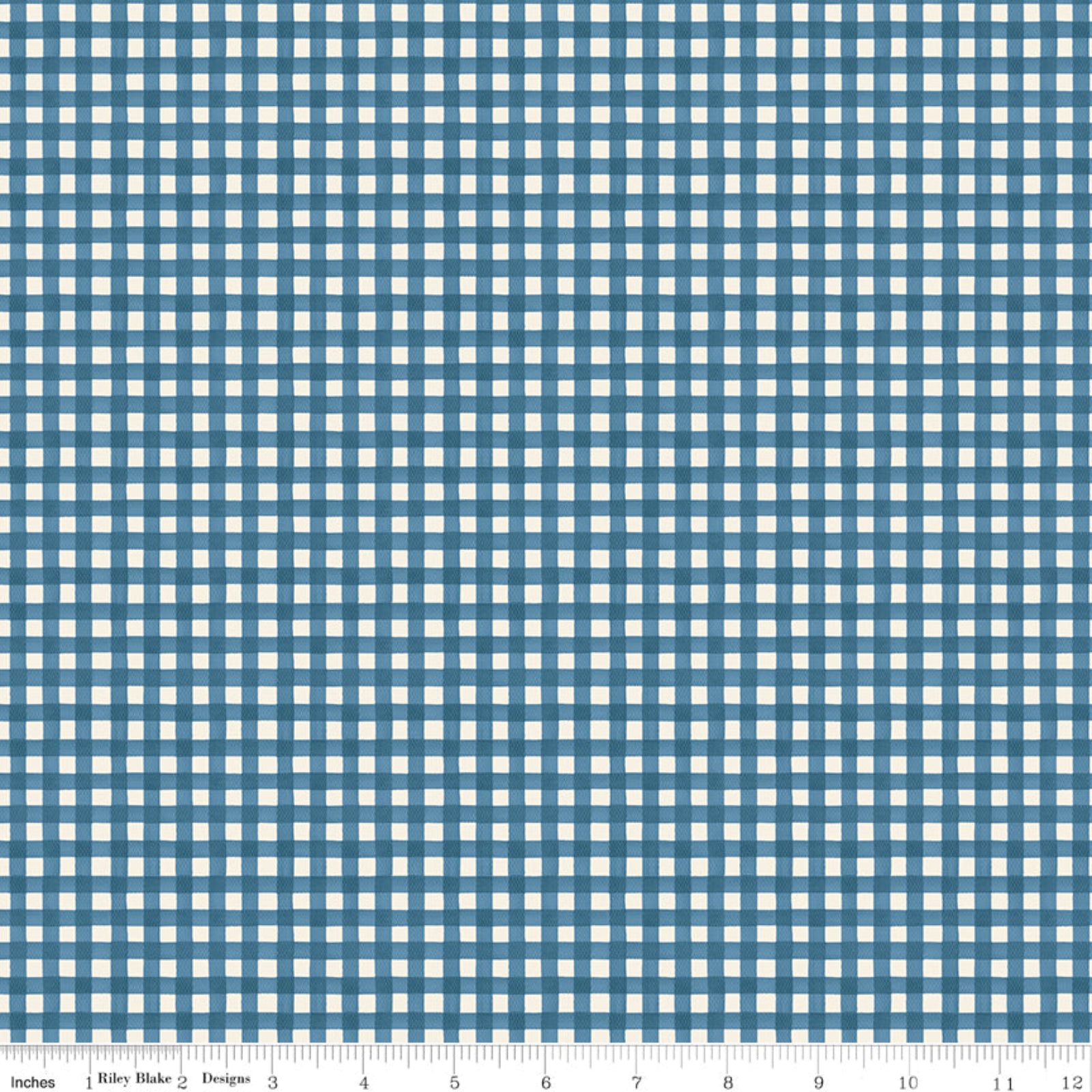 A close-up fabric pattern swatch showing a blue and white gingham check grid, with a ruler scale along the bottom edge.