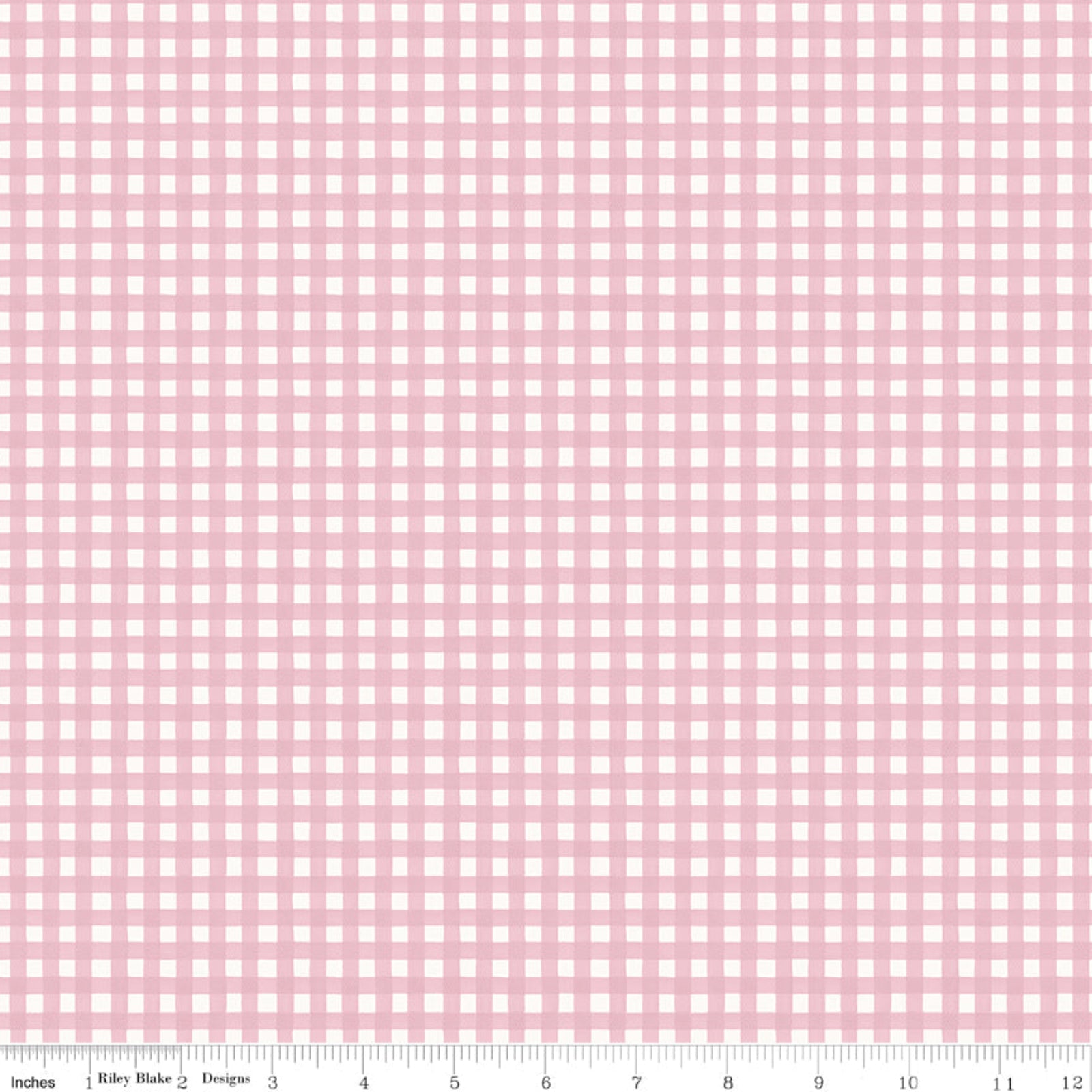 A close-up of a pink and white gingham fabric pattern with a ruler along the bottom edge showing measurements in inches.