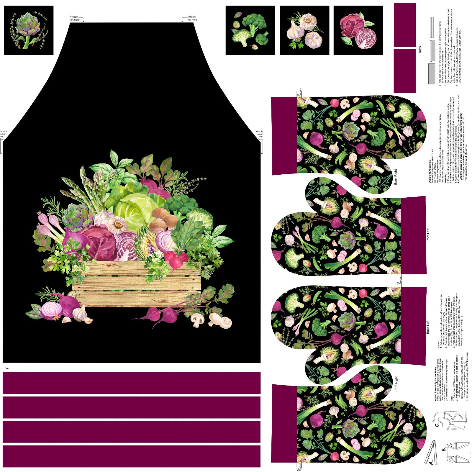 A black apron with a colorful vegetable pattern on a white background