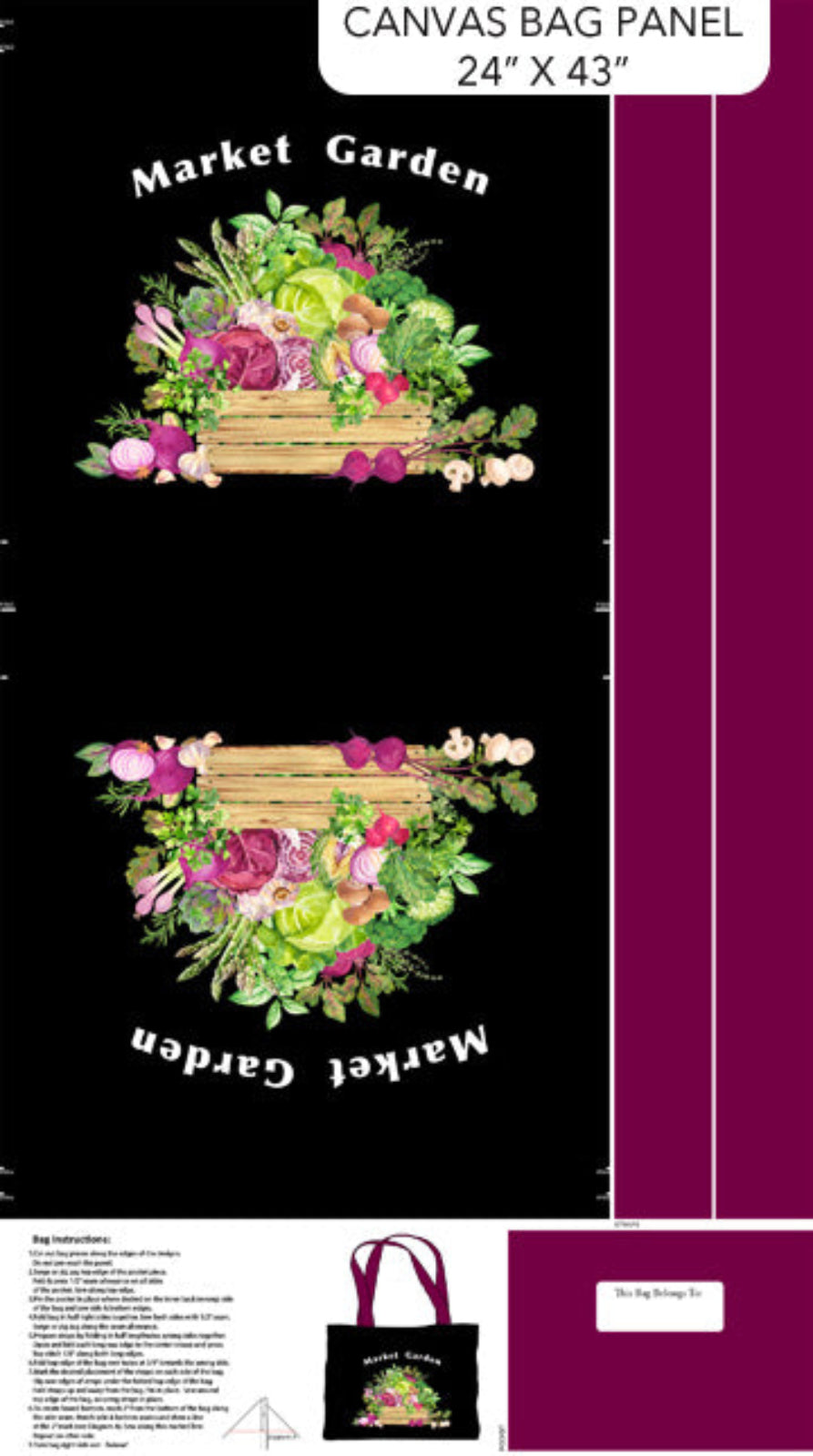 Canvas bag panel with 'Market Garden' design on a black background