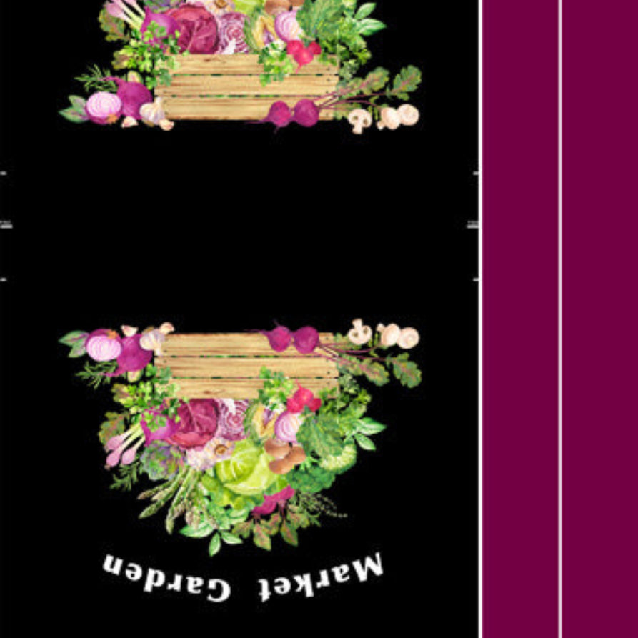 Canvas bag panel with 'Market Garden' design on a black background