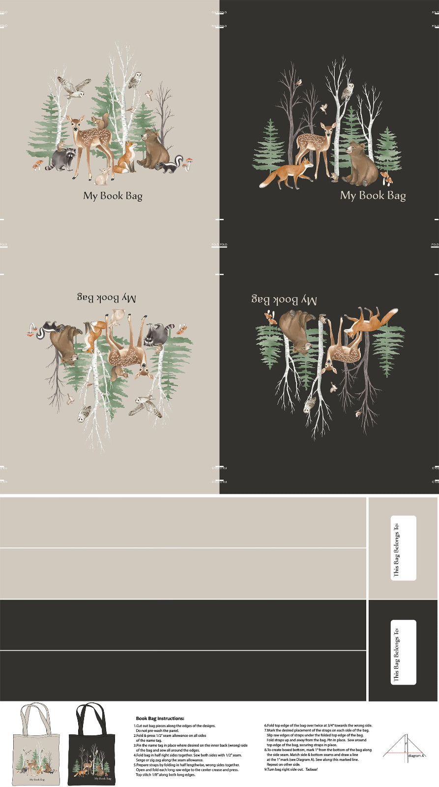 Product packaging with forest-themed design featuring animals and text on a beige and black background.