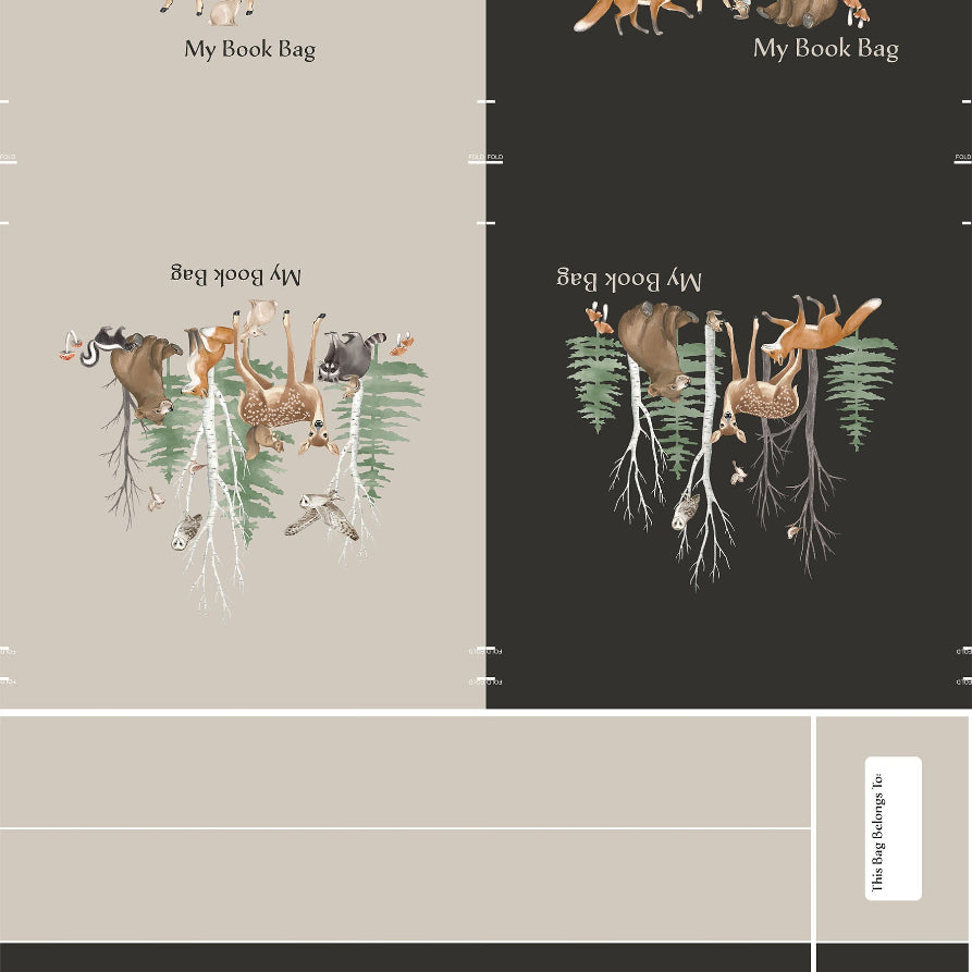 Product packaging with forest-themed design featuring animals and text on a beige and black background.