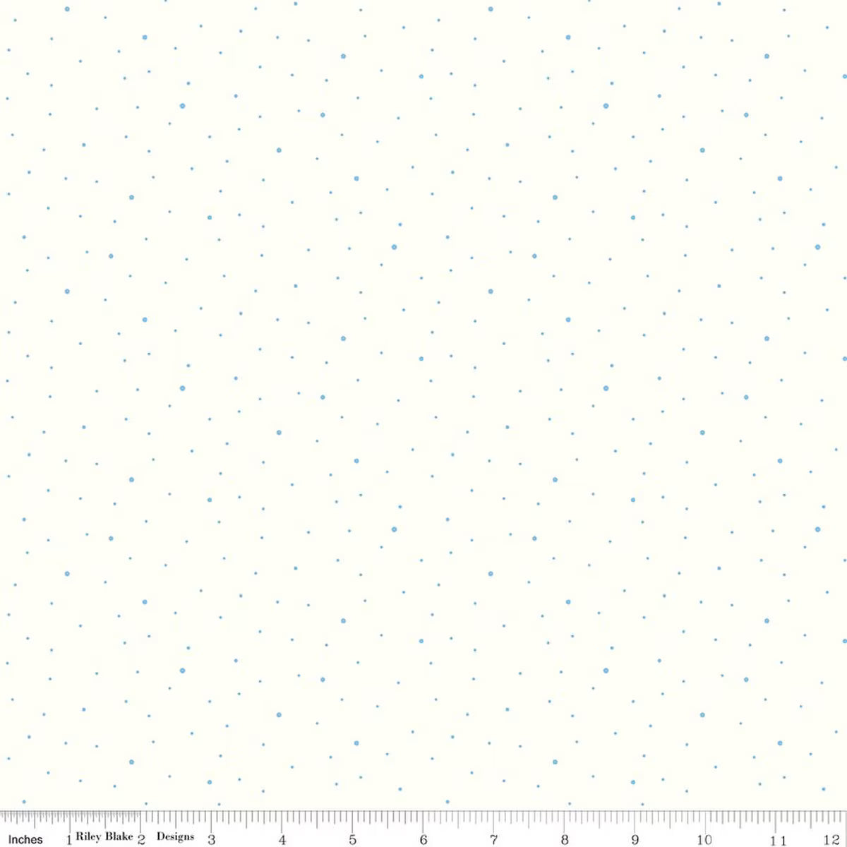 A fabric pattern swatch featuring a white background with a delicate, repeating pattern of tiny light blue dots, with a measuring ruler visible along the bottom edge.
