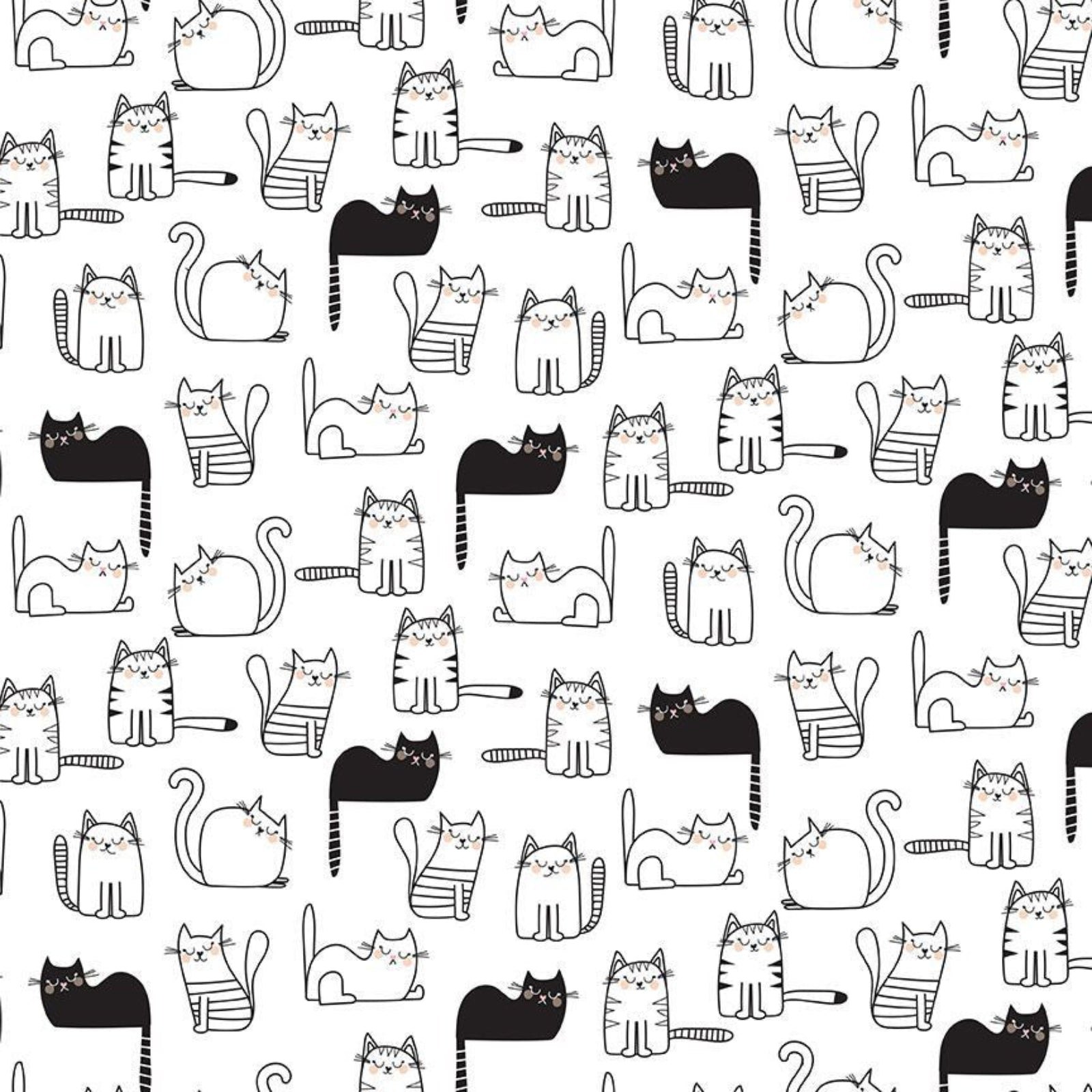 A repeating pattern of hand-drawn black and white cats on a white background, with some cats shown in solid black and others in white with black outlines and stripes.