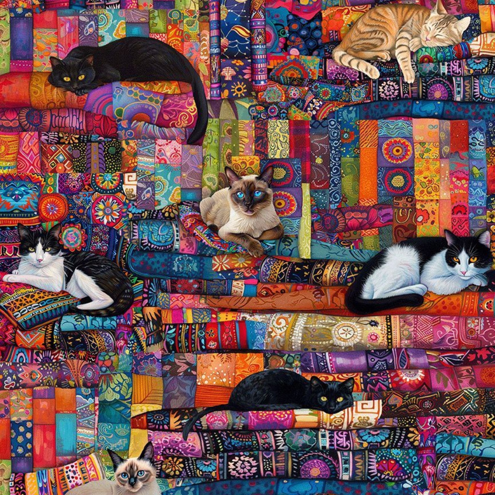 Colorful quilt with cats on a multicolored background