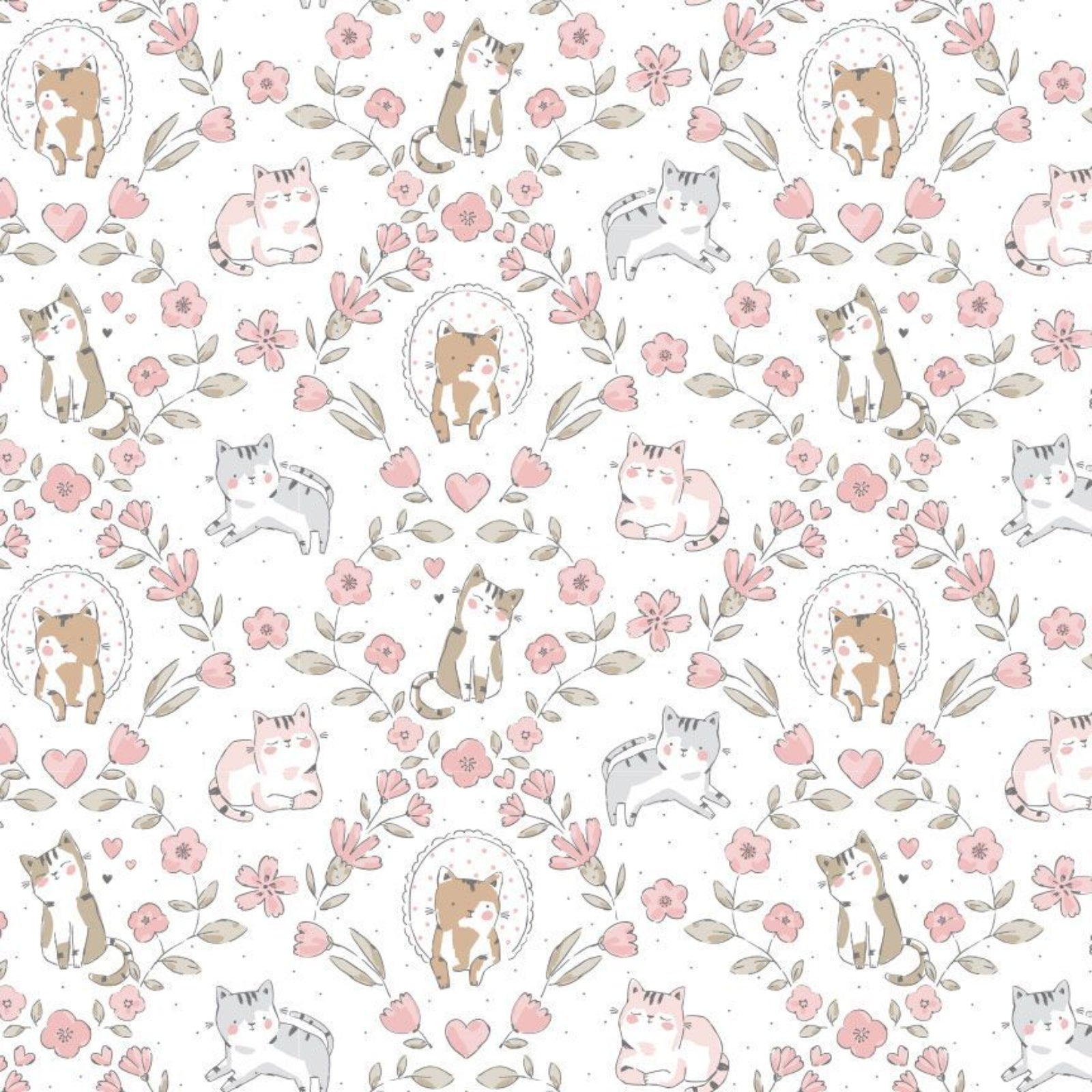 Pattern of cartoon cats and flowers on a white background