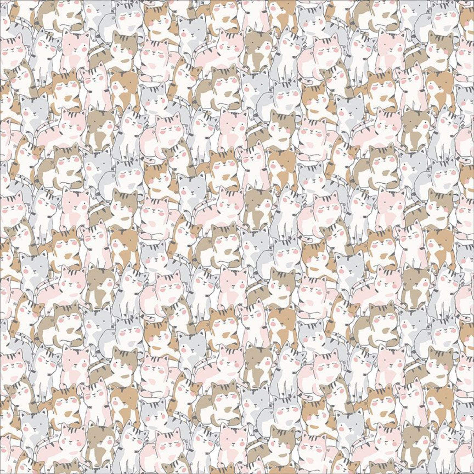 A repeating pattern of cute hand-drawn cartoon cats in various poses and colors, including orange tabby, white, pink, gray, and brown, filling the entire frame.