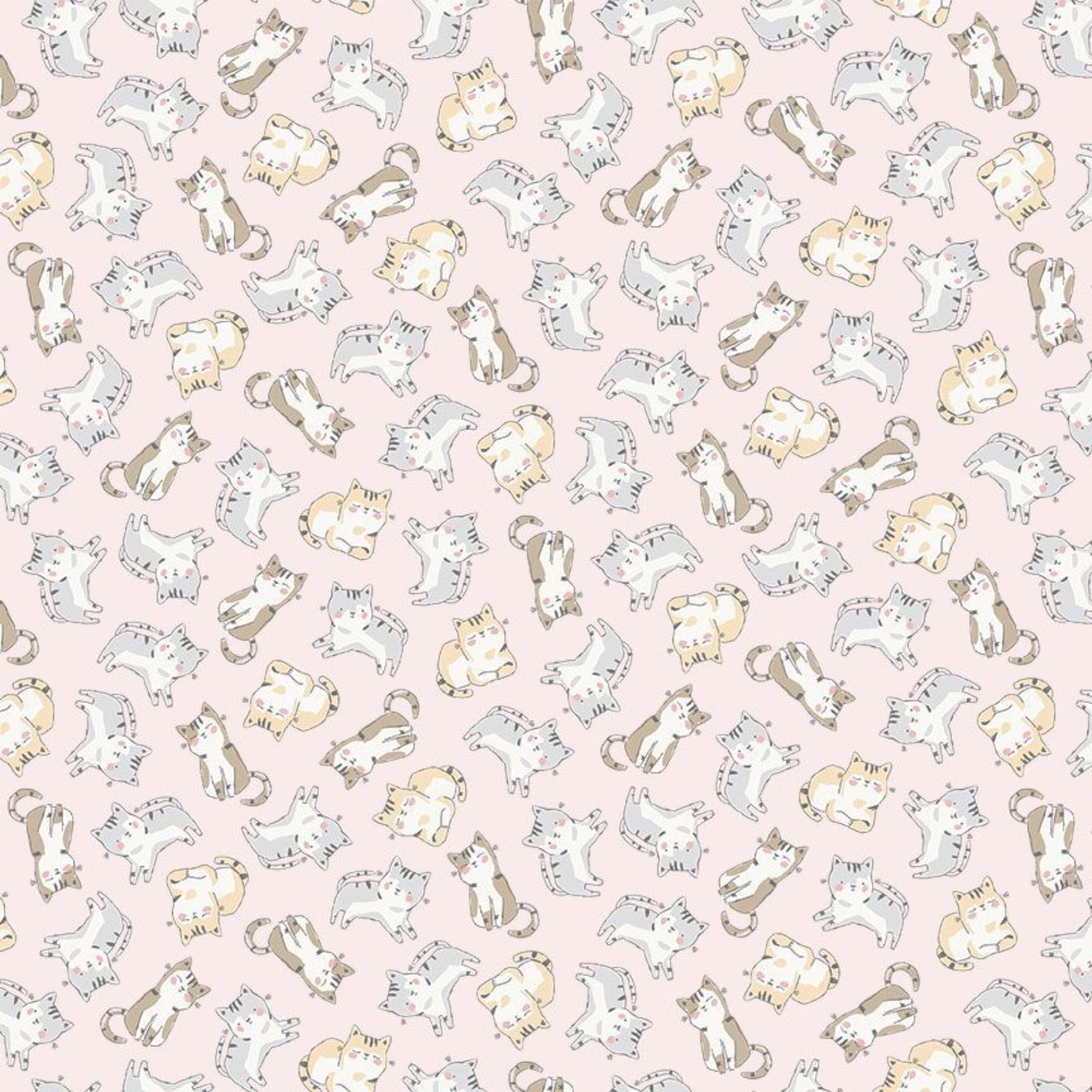 A repeating pattern of illustrated cats in white, gray, beige, and brown on a pale pink background.
