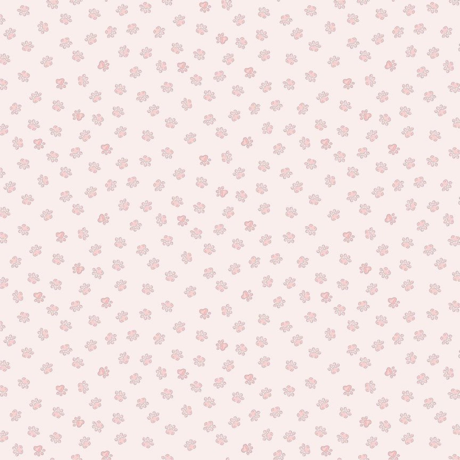 A repeating pattern of small pink cat paws motifs on a very pale blush pink background.