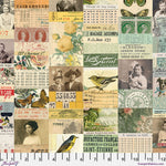 Collage of vintage-style fabric patterns with text, images, and designs.