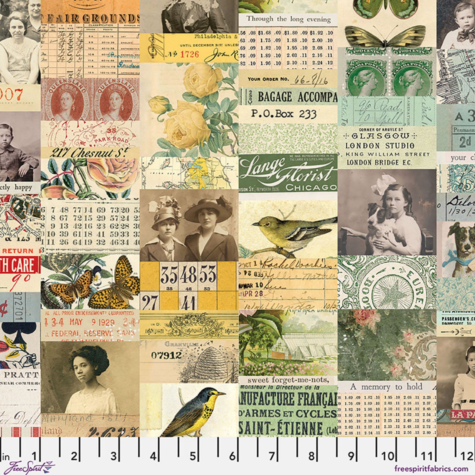 Collage of vintage-style fabric patterns with text, images, and designs.