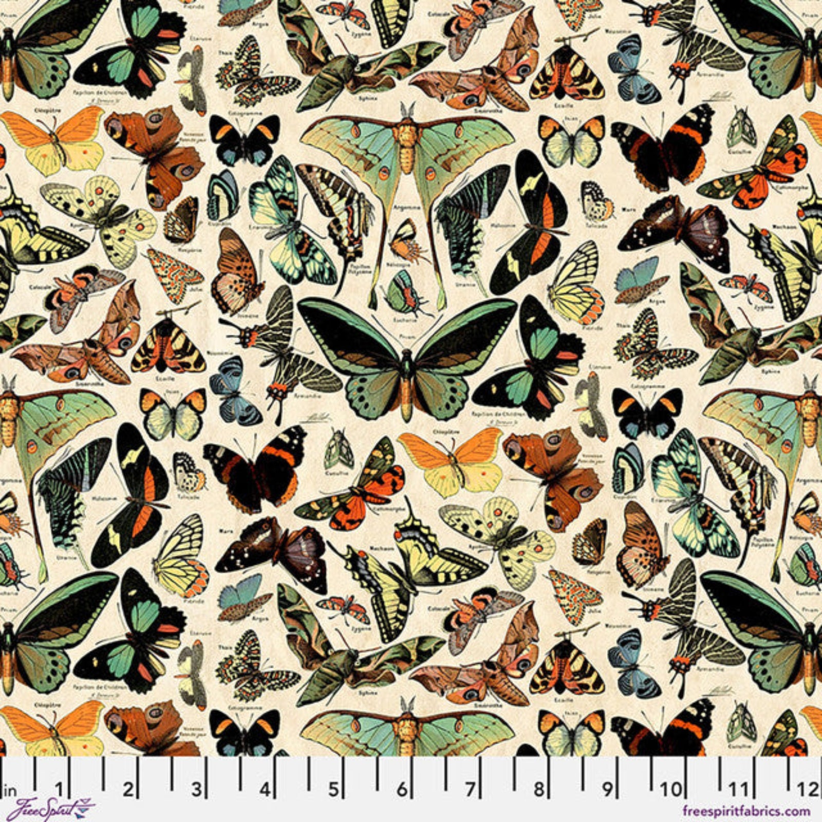 Pattern of various butterflies and moths on a fabric swatch with measurement scale.
